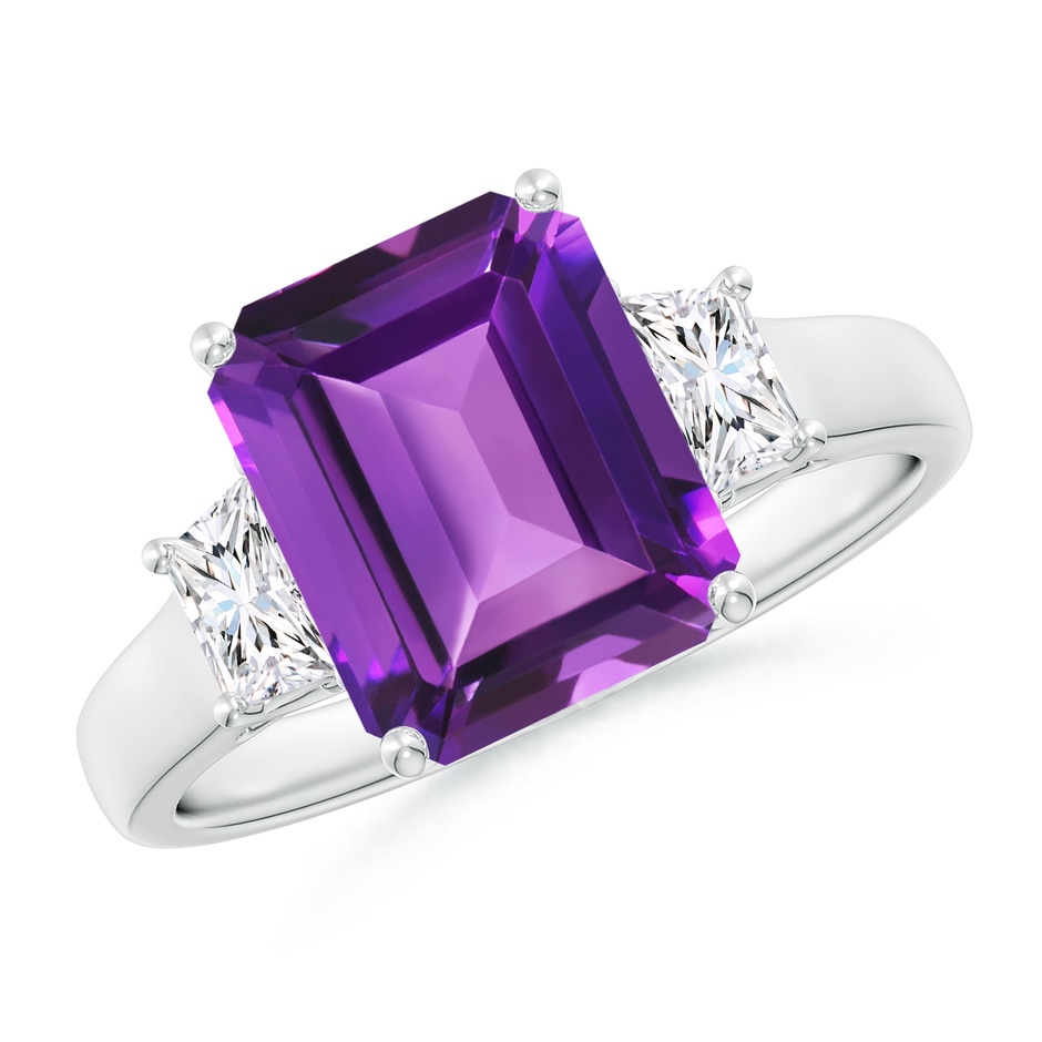 10x8mm AAAA Three Stone Emerald-Cut Amethyst and Diamond Ring in P950 Platinum 