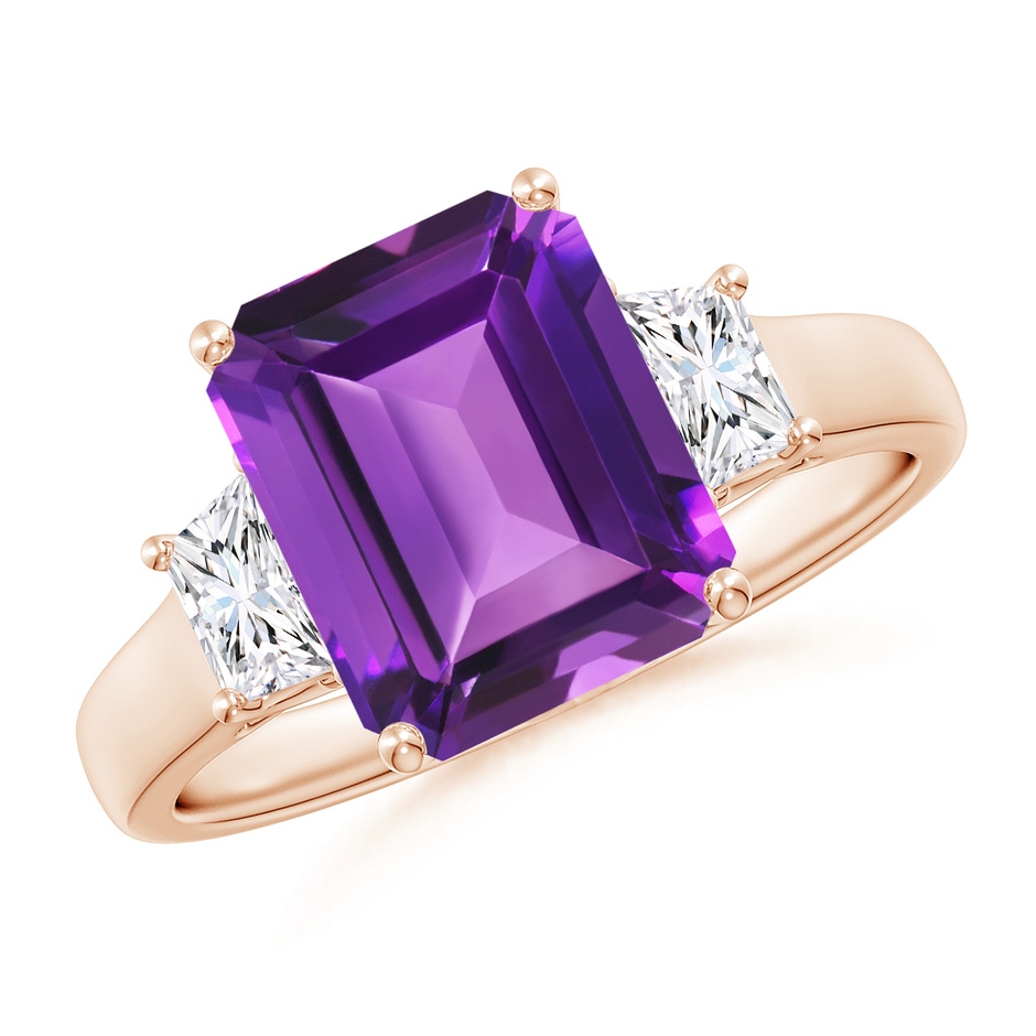 10x8mm AAAA Three Stone Emerald-Cut Amethyst and Diamond Ring in Rose Gold 