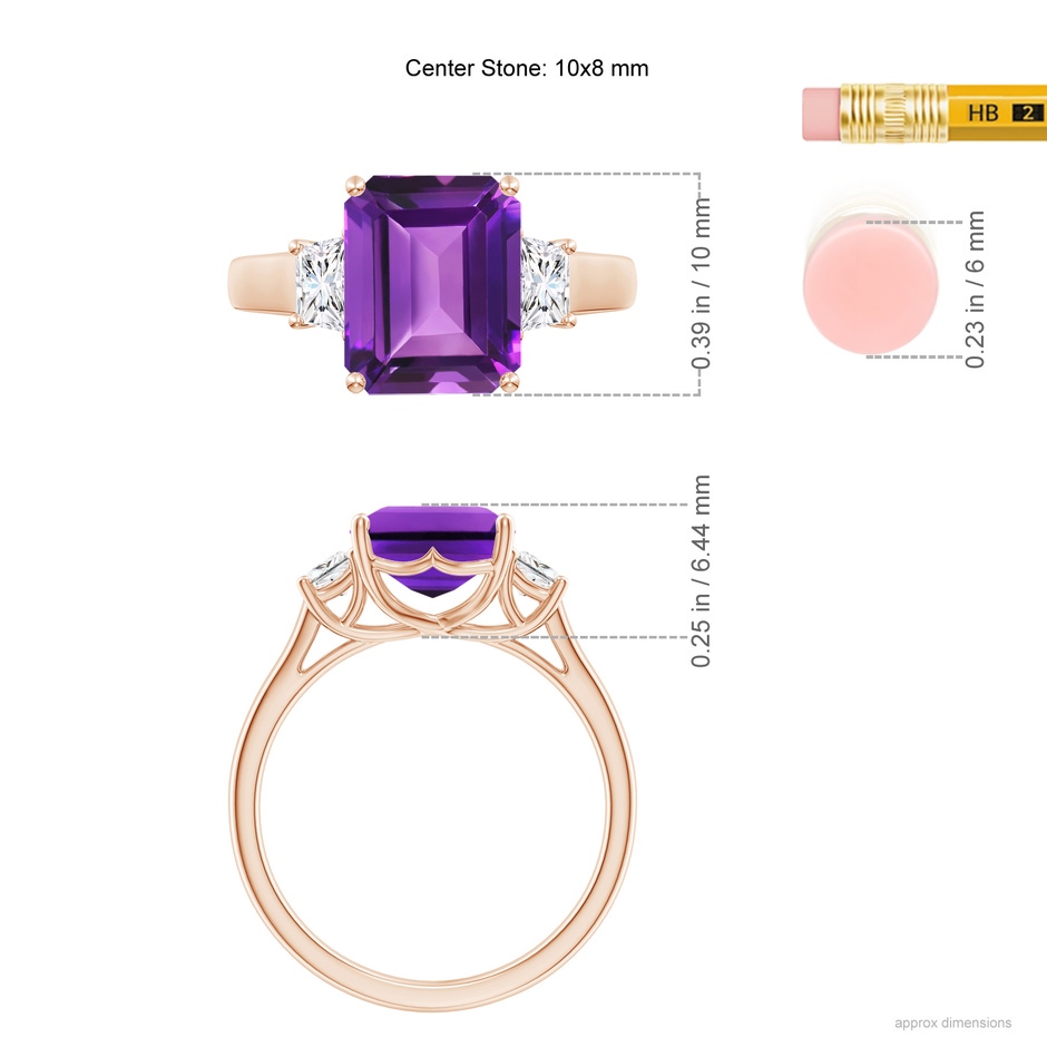 10x8mm AAAA Three Stone Emerald-Cut Amethyst and Diamond Ring in Rose Gold ruler