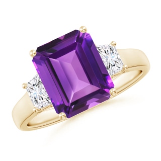 10x8mm AAAA Three Stone Emerald-Cut Amethyst and Diamond Ring in Yellow Gold