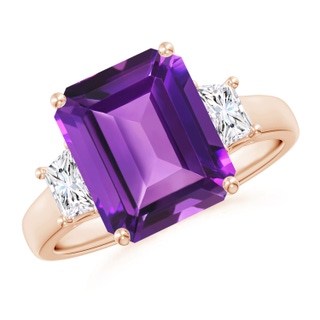 11x9mm AAAA Three Stone Emerald-Cut Amethyst and Diamond Ring in Rose Gold