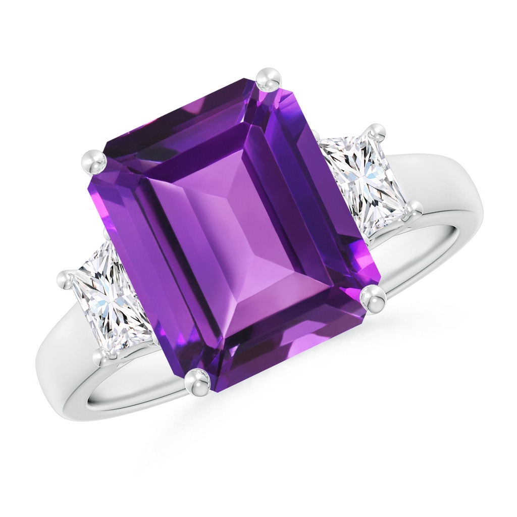 11x9mm AAAA Three Stone Emerald-Cut Amethyst and Diamond Ring in White Gold