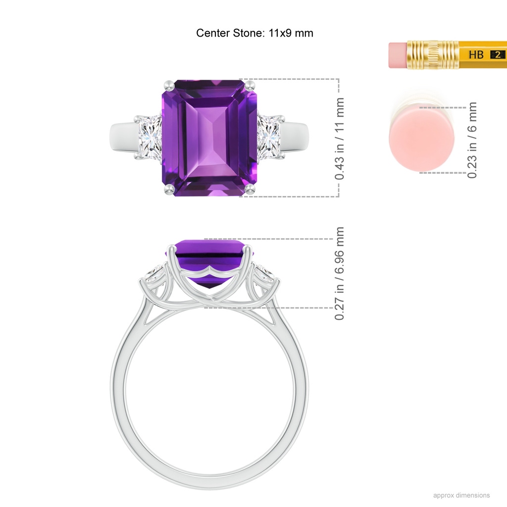 11x9mm AAAA Three Stone Emerald-Cut Amethyst and Diamond Ring in White Gold Ruler