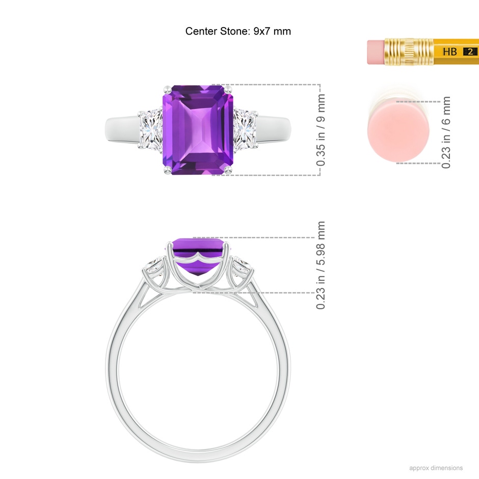 9x7mm AAA Three Stone Emerald-Cut Amethyst and Diamond Ring in White Gold ruler