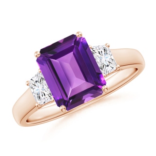 9x7mm AAAA Three Stone Emerald-Cut Amethyst and Diamond Ring in 9K Rose Gold