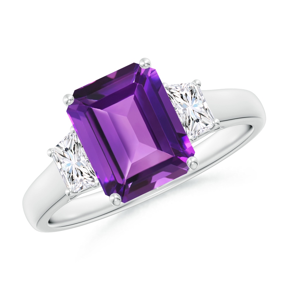 9x7mm AAAA Three Stone Emerald-Cut Amethyst and Diamond Ring in White Gold 