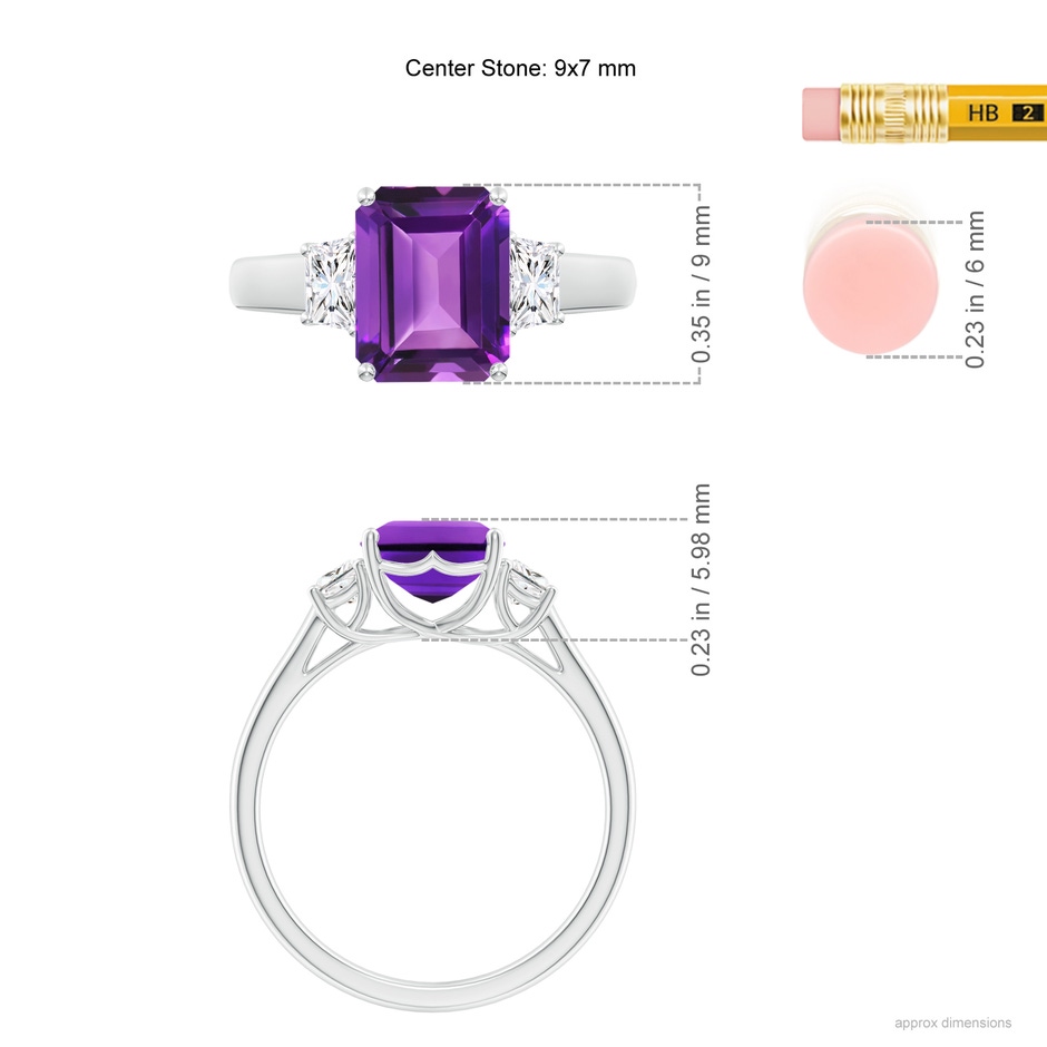 9x7mm AAAA Three Stone Emerald-Cut Amethyst and Diamond Ring in White Gold ruler