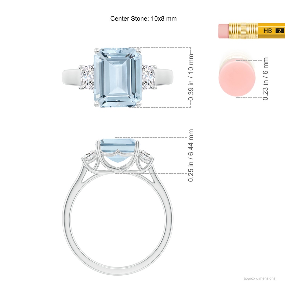 10x8mm A Three Stone Emerald-Cut Aquamarine and Diamond Ring in P950 Platinum ruler