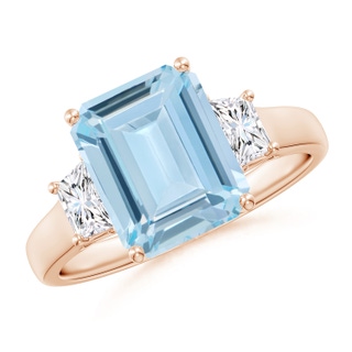 10x8mm AA Three Stone Emerald-Cut Aquamarine and Diamond Ring in Rose Gold