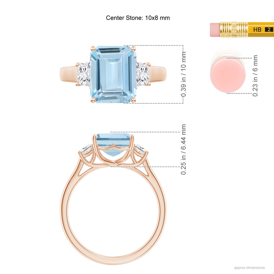 10x8mm AA Three Stone Emerald-Cut Aquamarine and Diamond Ring in Rose Gold ruler