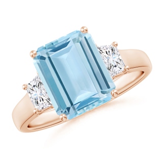 10x8mm AAA Three Stone Emerald-Cut Aquamarine and Diamond Ring in Rose Gold