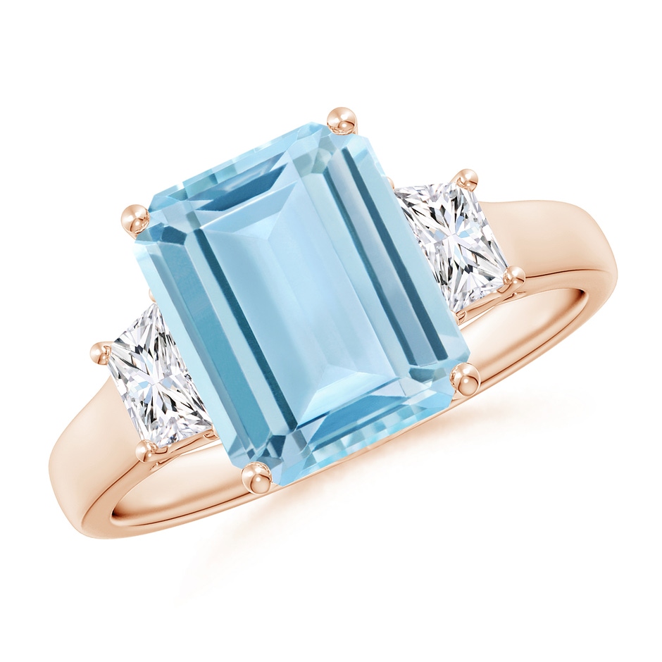 10x8mm AAA Three Stone Emerald-Cut Aquamarine and Diamond Ring in Rose Gold 