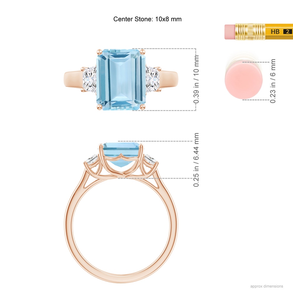 10x8mm AAA Three Stone Emerald-Cut Aquamarine and Diamond Ring in Rose Gold ruler
