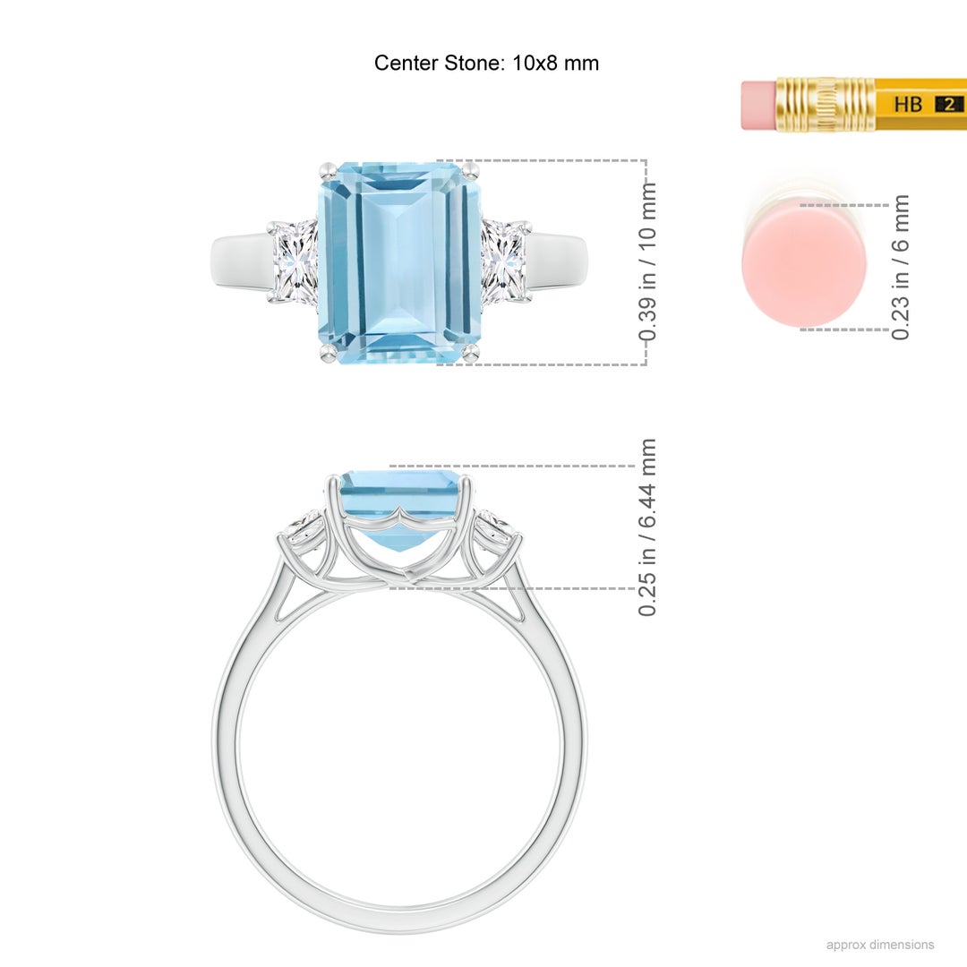 10x8mm AAA Three Stone Emerald-Cut Aquamarine and Diamond Ring in White Gold - ruler