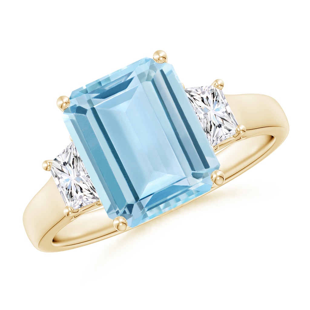 10x8mm AAA Three Stone Emerald-Cut Aquamarine and Diamond Ring in Yellow Gold