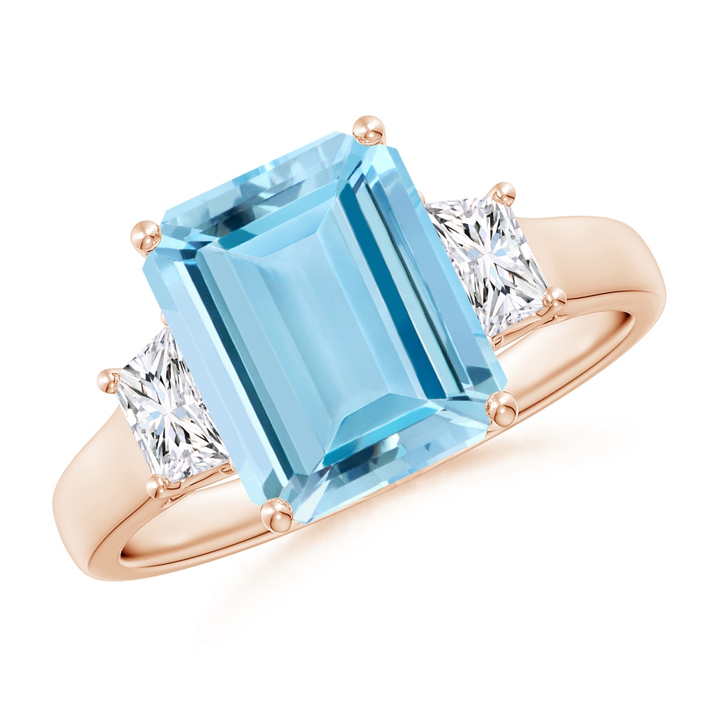 10x8mm AAAA Three Stone Emerald-Cut Aquamarine and Diamond Ring in Rose Gold
