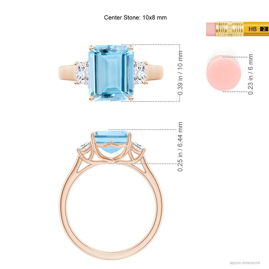 10x8mm AAAA Three Stone Emerald-Cut Aquamarine and Diamond Ring in Rose Gold ruler