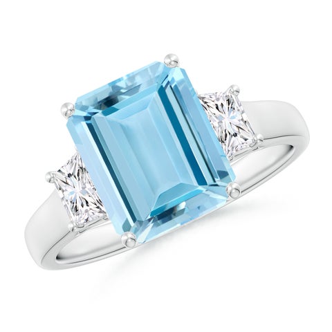 10x8mm AAAA Three Stone Emerald-Cut Aquamarine and Diamond Ring in White Gold