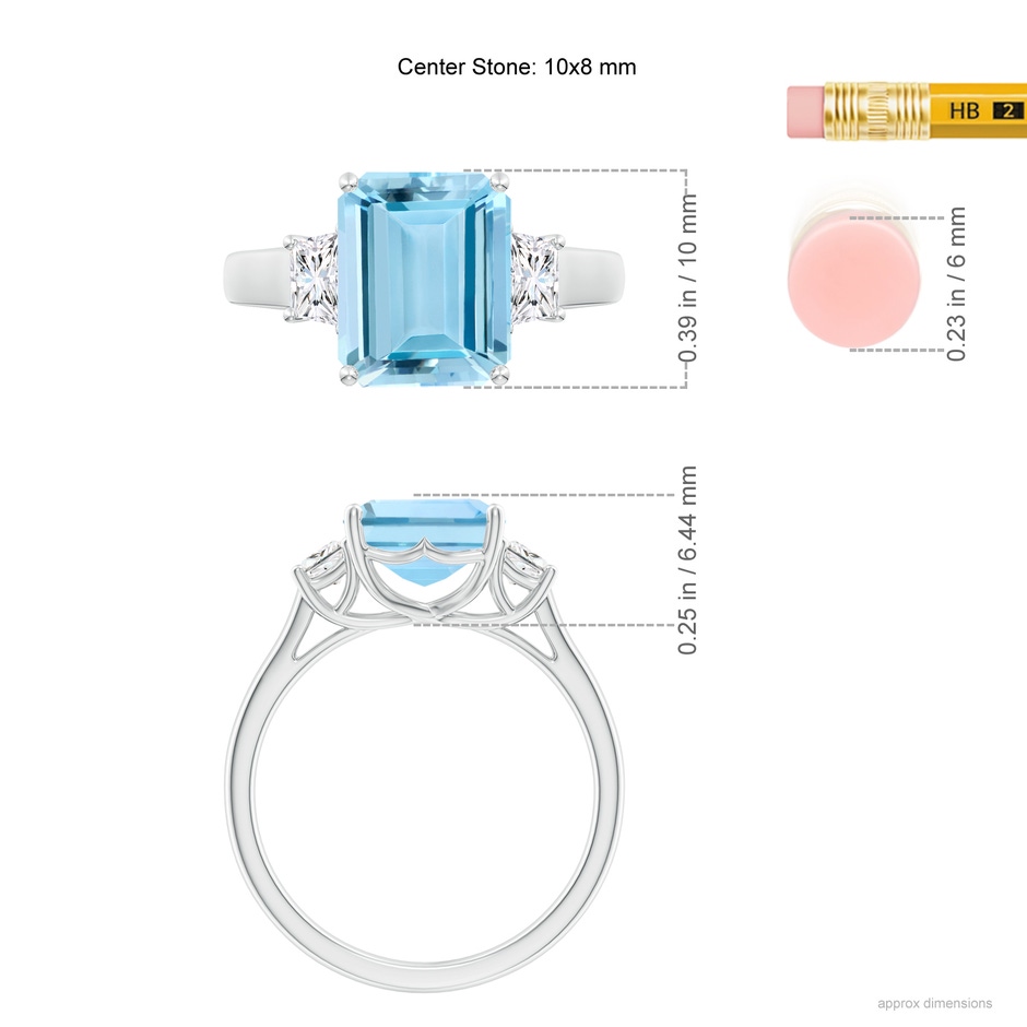 10x8mm AAAA Three Stone Emerald-Cut Aquamarine and Diamond Ring in White Gold ruler