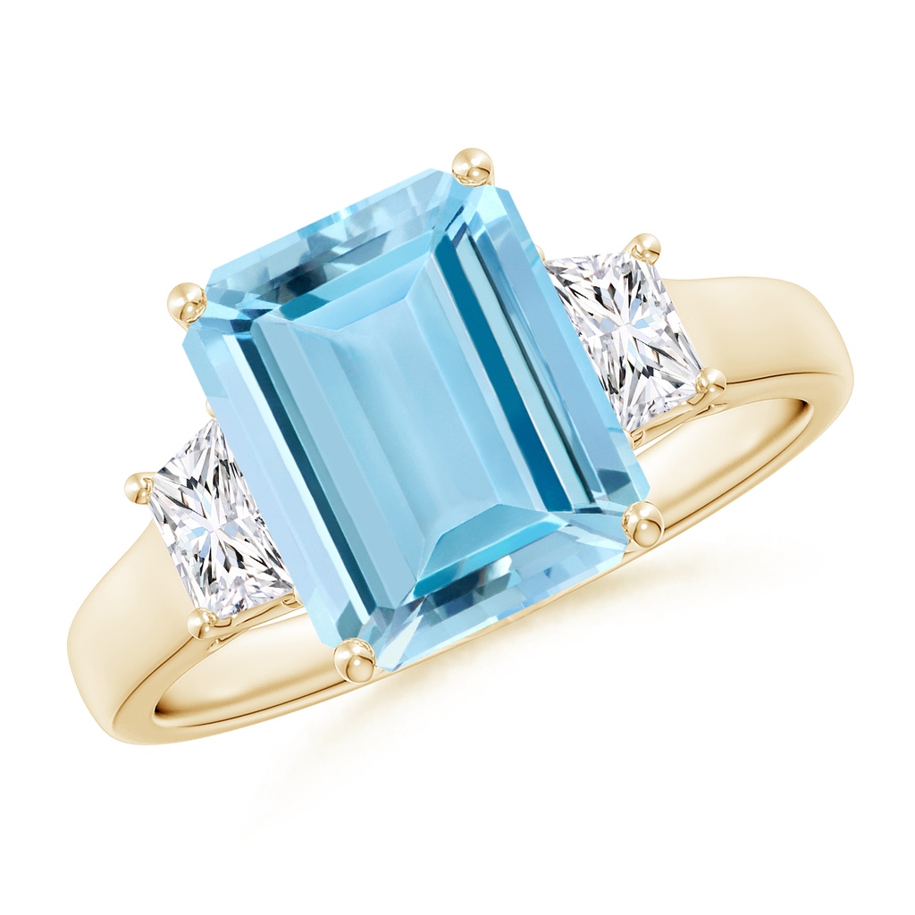 10x8mm AAAA Three Stone Emerald-Cut Aquamarine and Diamond Ring in Yellow Gold