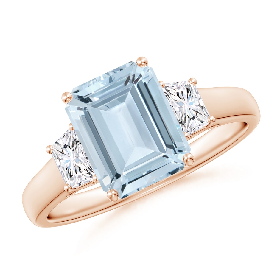 9x7mm A Three Stone Emerald-Cut Aquamarine and Diamond Ring in Rose Gold 