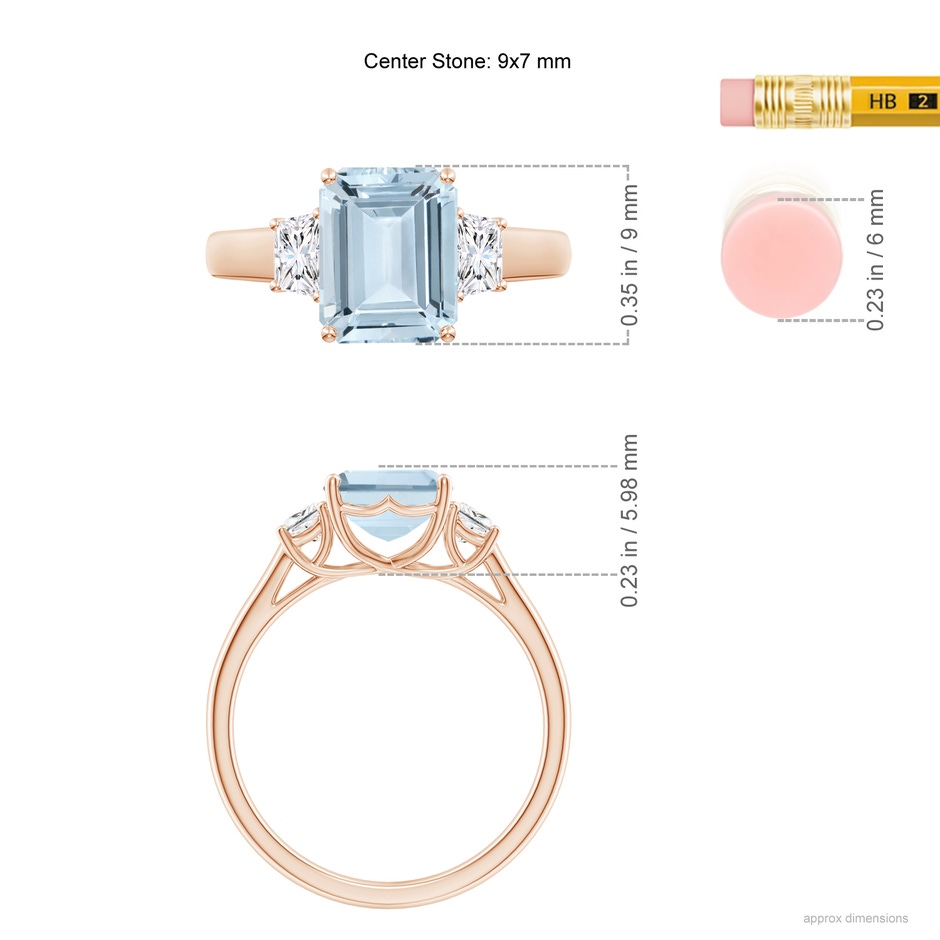 9x7mm A Three Stone Emerald-Cut Aquamarine and Diamond Ring in Rose Gold ruler