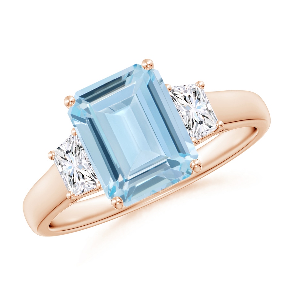9x7mm AA Three Stone Emerald-Cut Aquamarine and Diamond Ring in 9K Rose Gold 