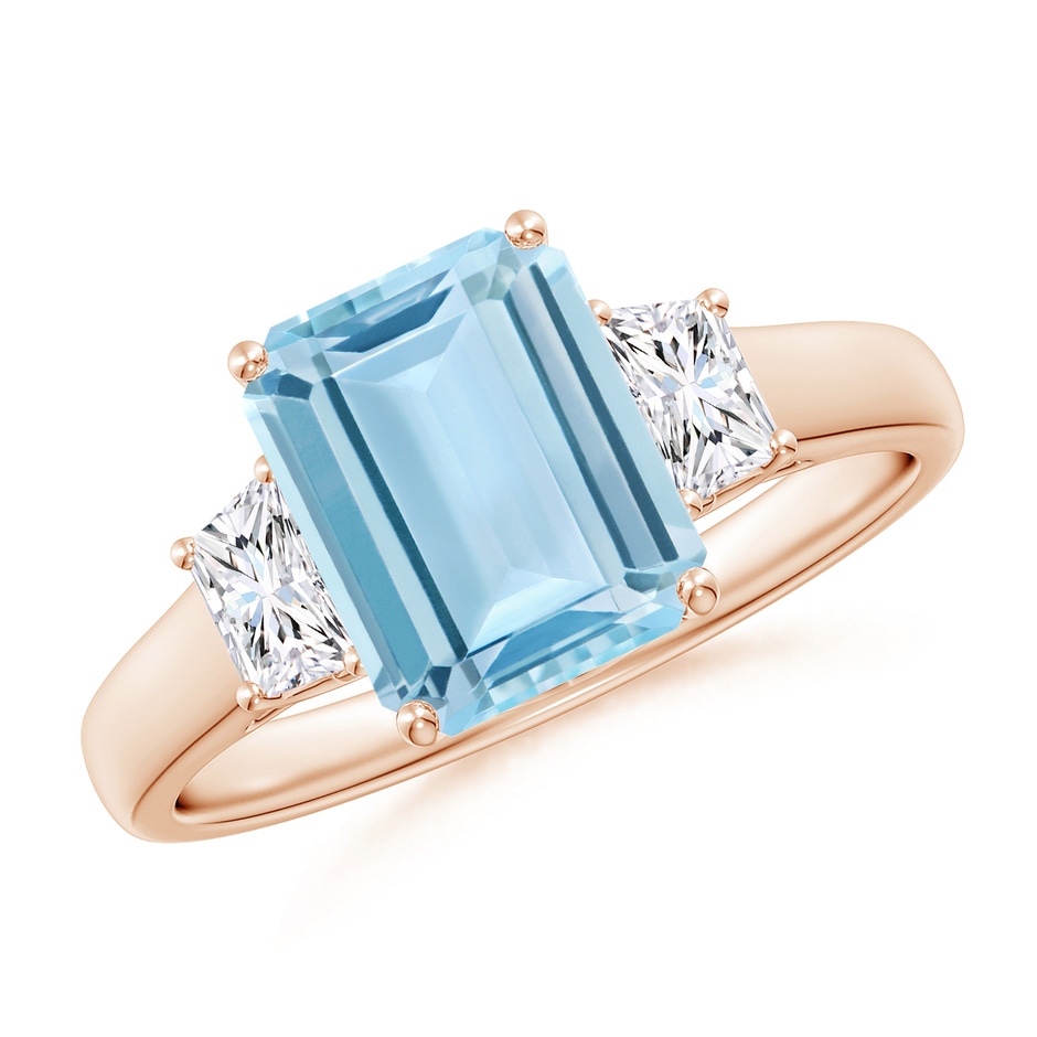 9x7mm AAA Three Stone Emerald-Cut Aquamarine and Diamond Ring in 9K Rose Gold 