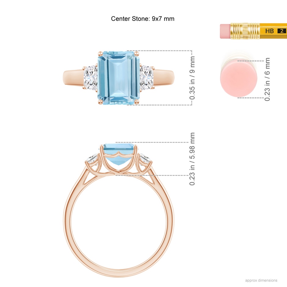9x7mm AAA Three Stone Emerald-Cut Aquamarine and Diamond Ring in 9K Rose Gold ruler