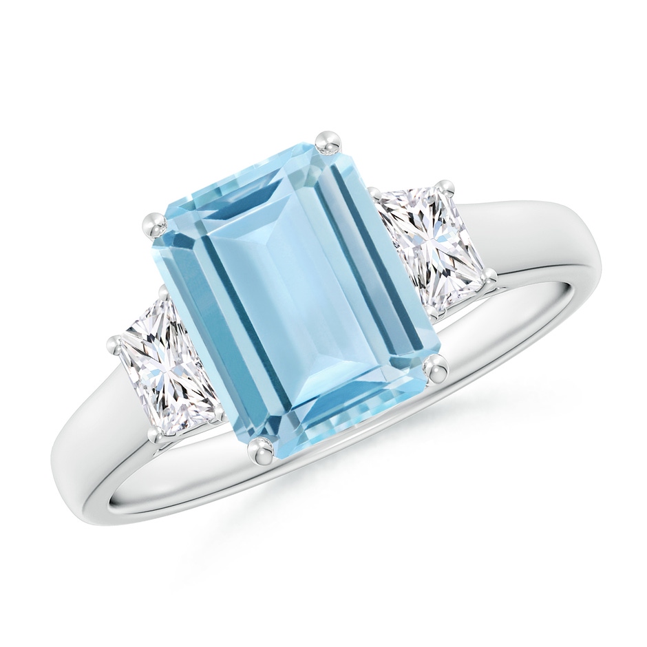 9x7mm AAA Three Stone Emerald-Cut Aquamarine and Diamond Ring in White Gold 