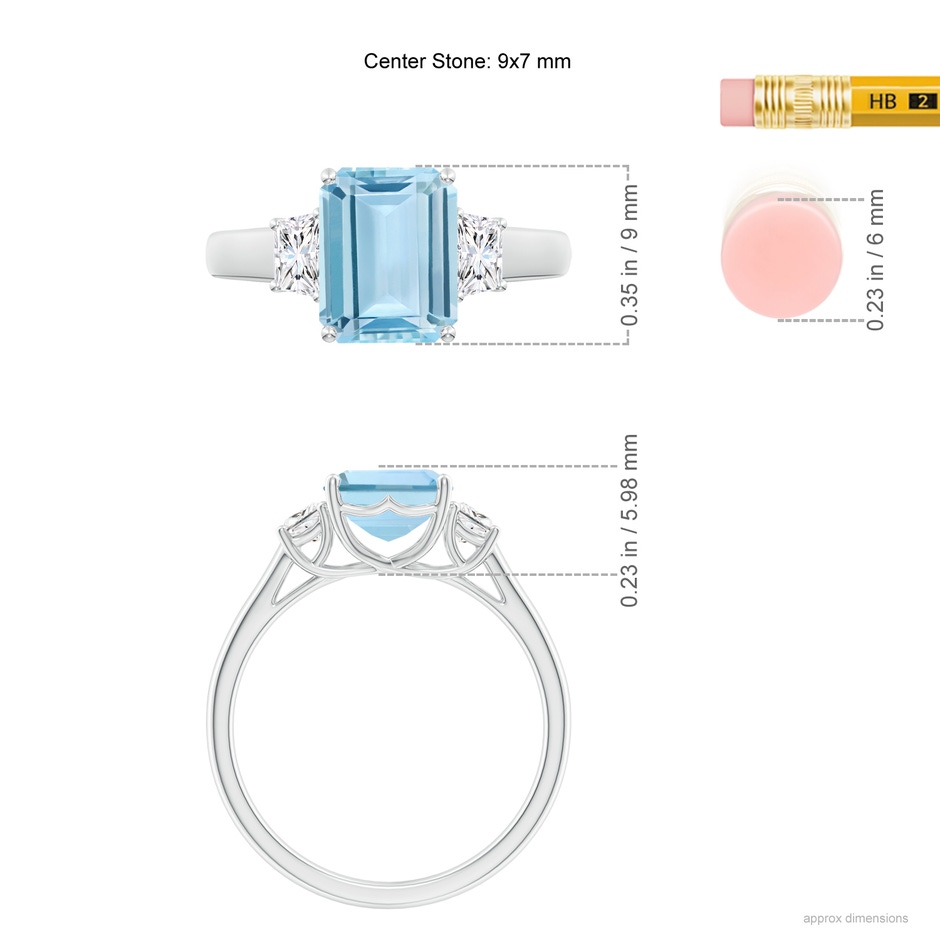 9x7mm AAA Three Stone Emerald-Cut Aquamarine and Diamond Ring in White Gold ruler