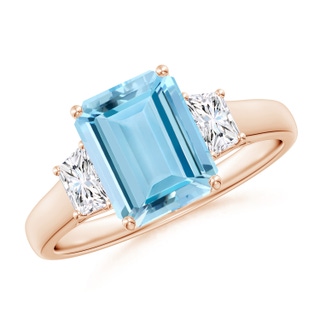 9x7mm AAAA Three Stone Emerald-Cut Aquamarine and Diamond Ring in 9K Rose Gold