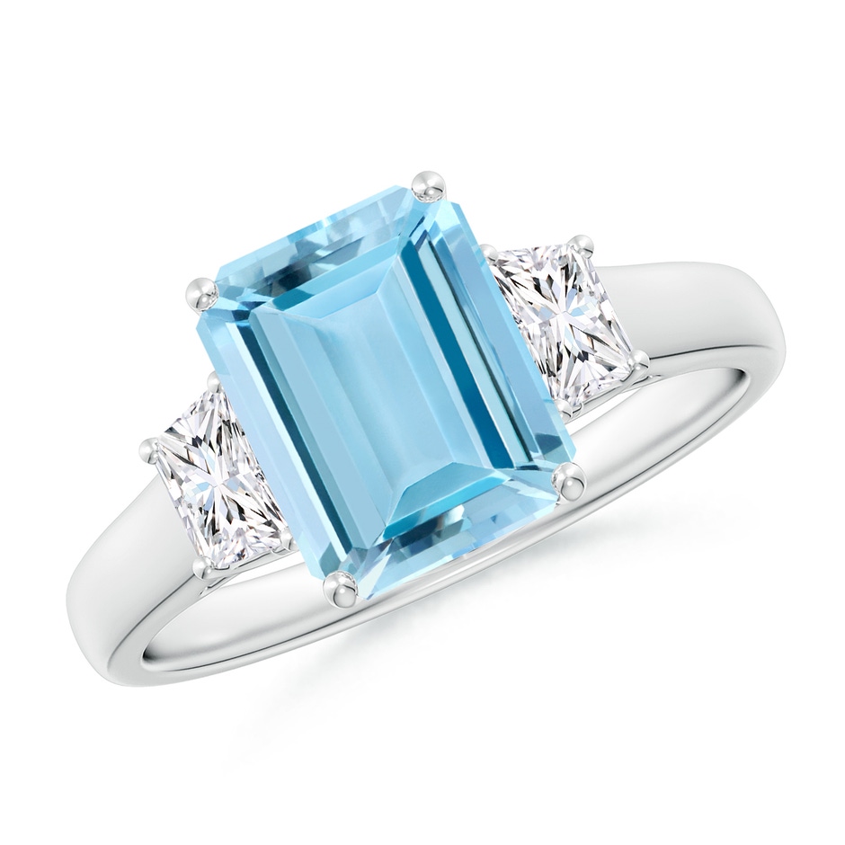 9x7mm AAAA Three Stone Emerald-Cut Aquamarine and Diamond Ring in P950 Platinum 