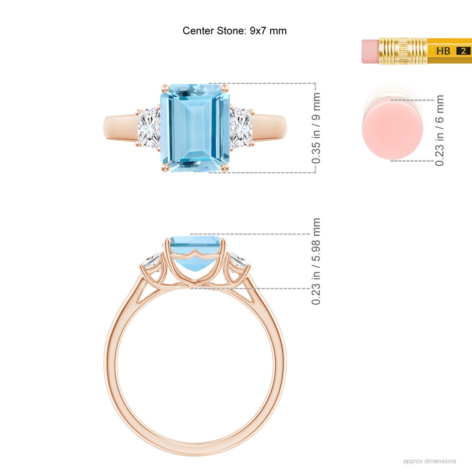 9x7mm AAAA Three Stone Emerald-Cut Aquamarine and Diamond Ring in Rose Gold ruler