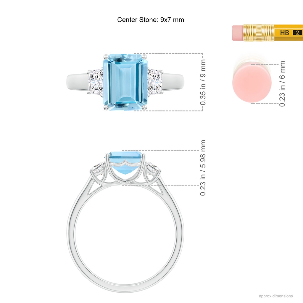 9x7mm AAAA Three Stone Emerald-Cut Aquamarine and Diamond Ring in White Gold Ruler