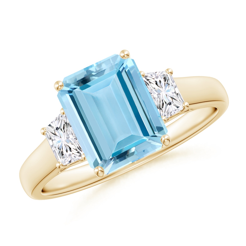 9x7mm AAAA Three Stone Emerald-Cut Aquamarine and Diamond Ring in Yellow Gold 