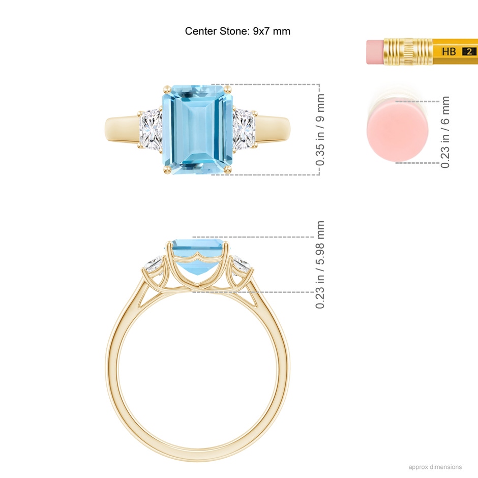 9x7mm AAAA Three Stone Emerald-Cut Aquamarine and Diamond Ring in Yellow Gold ruler