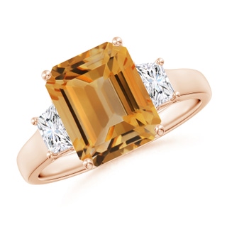 10x8mm A Three Stone Emerald-Cut Citrine and Diamond Ring in 10K Rose Gold