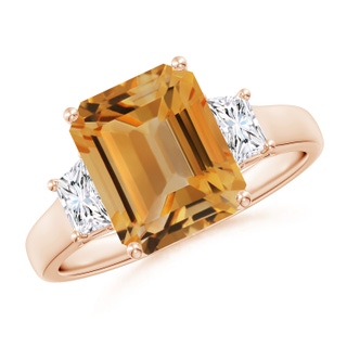 10x8mm A Three Stone Emerald-Cut Citrine and Diamond Ring in Rose Gold