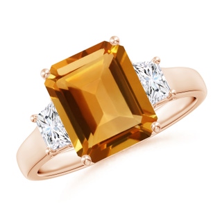 10x8mm AA Three Stone Emerald-Cut Citrine and Diamond Ring in 10K Rose Gold