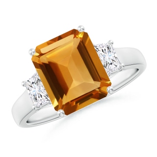 10x8mm AA Three Stone Emerald-Cut Citrine and Diamond Ring in White Gold