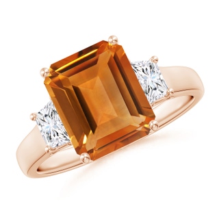10x8mm AAA Three Stone Emerald-Cut Citrine and Diamond Ring in Rose Gold