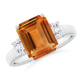 10x8mm AAA Three Stone Emerald-Cut Citrine and Diamond Ring in White Gold