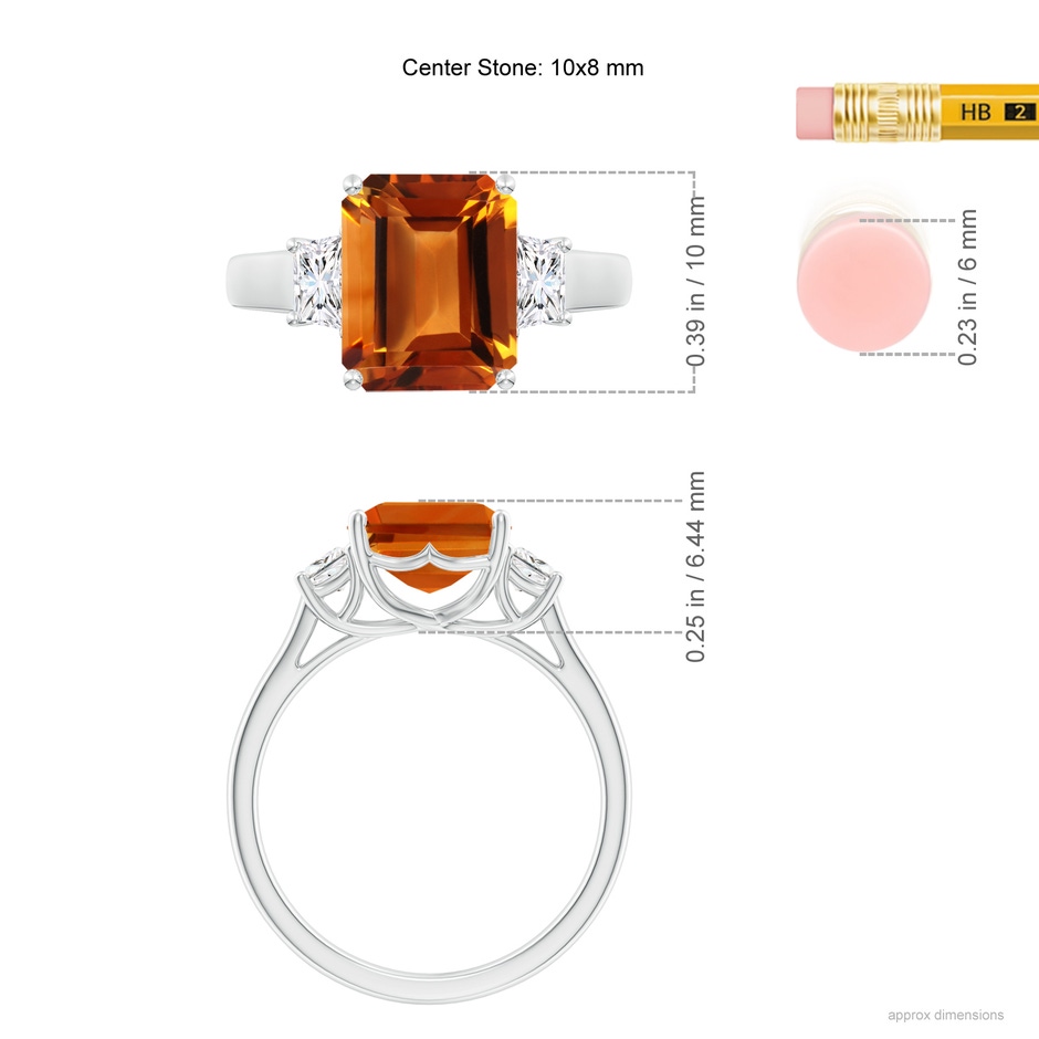 10x8mm AAAA Three Stone Emerald-Cut Citrine and Diamond Ring in P950 Platinum ruler
