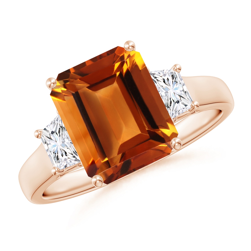 10x8mm AAAA Three Stone Emerald-Cut Citrine and Diamond Ring in Rose Gold