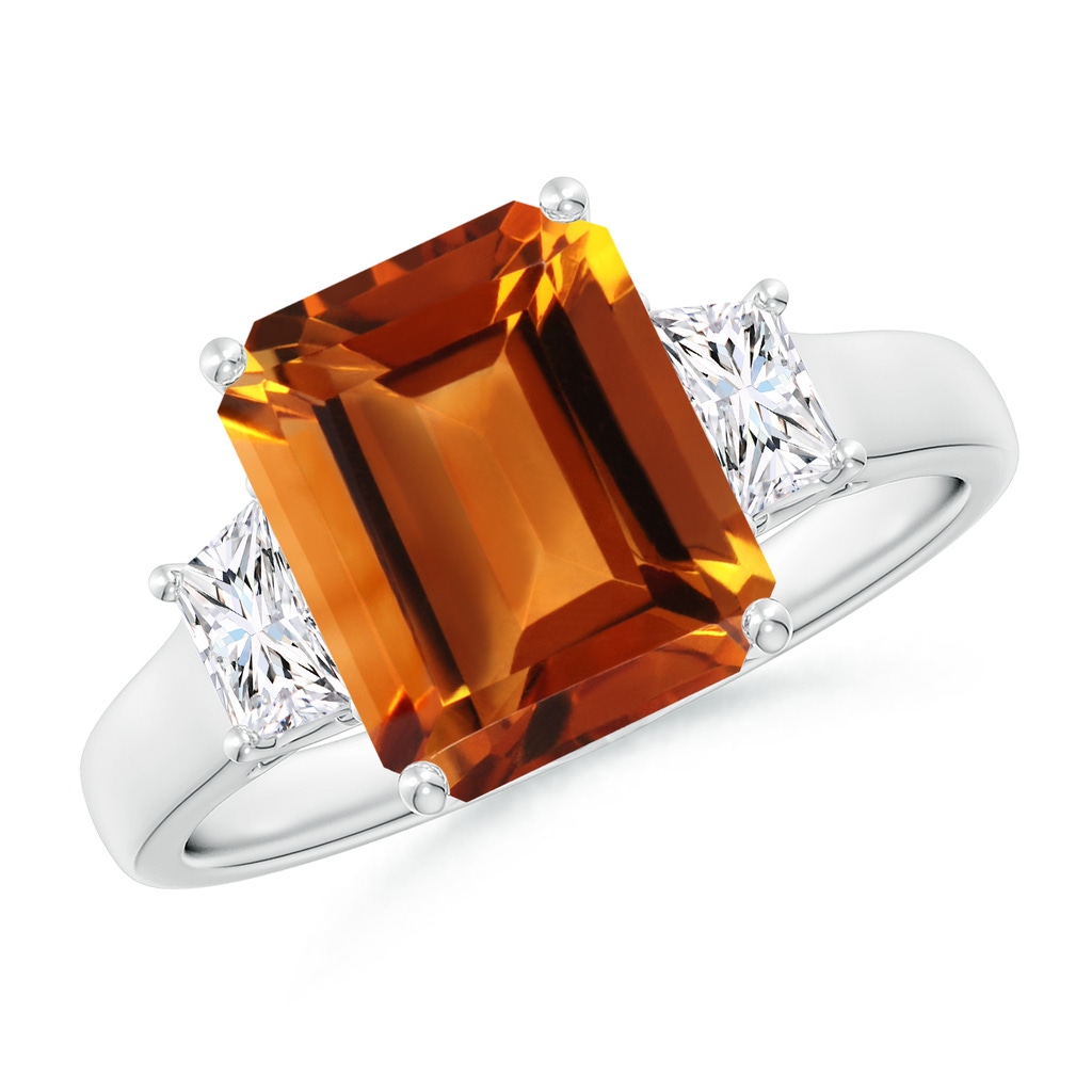10x8mm AAAA Three Stone Emerald-Cut Citrine and Diamond Ring in White Gold