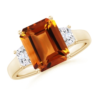 10x8mm AAAA Three Stone Emerald-Cut Citrine and Diamond Ring in Yellow Gold