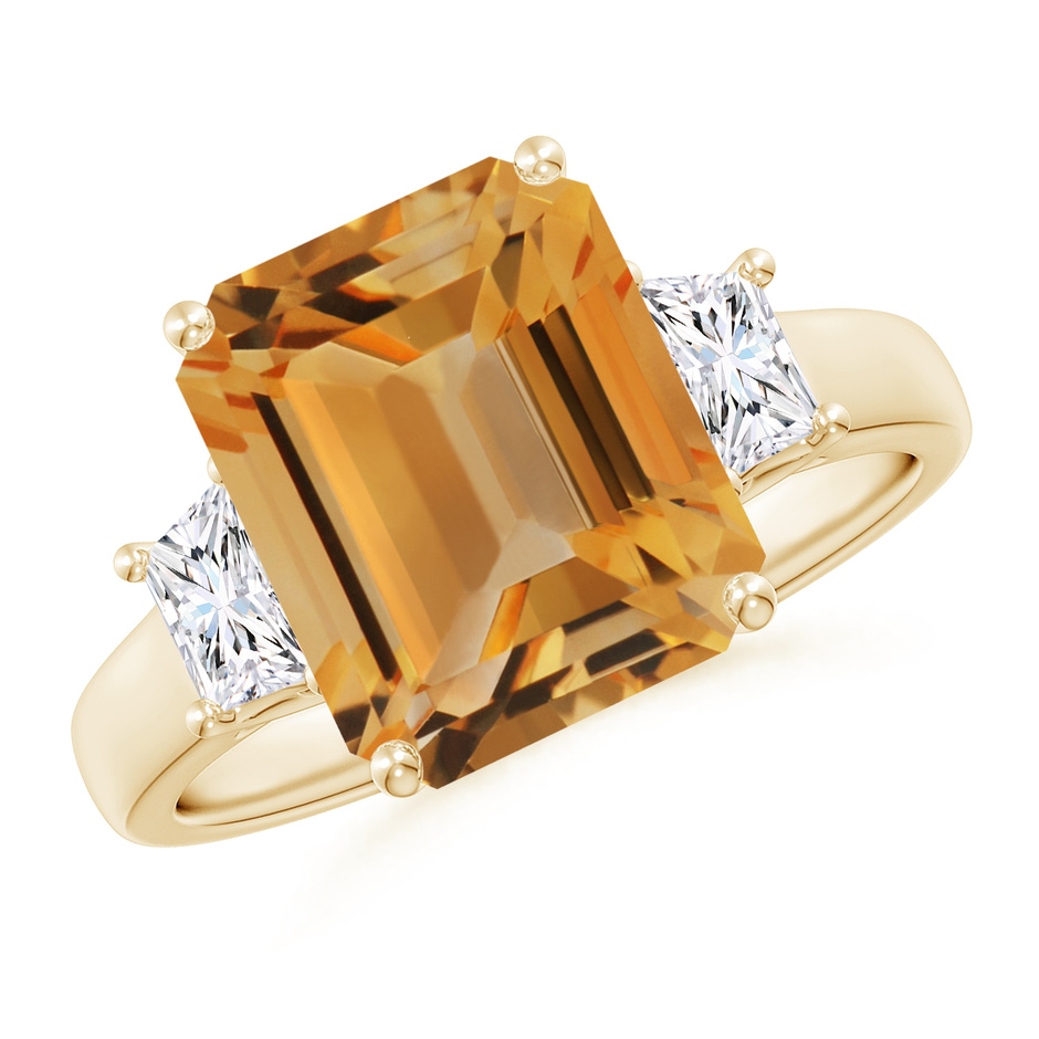 11x9mm A Three Stone Emerald-Cut Citrine and Diamond Ring in Yellow Gold 