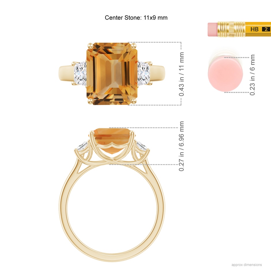 11x9mm A Three Stone Emerald-Cut Citrine and Diamond Ring in Yellow Gold ruler