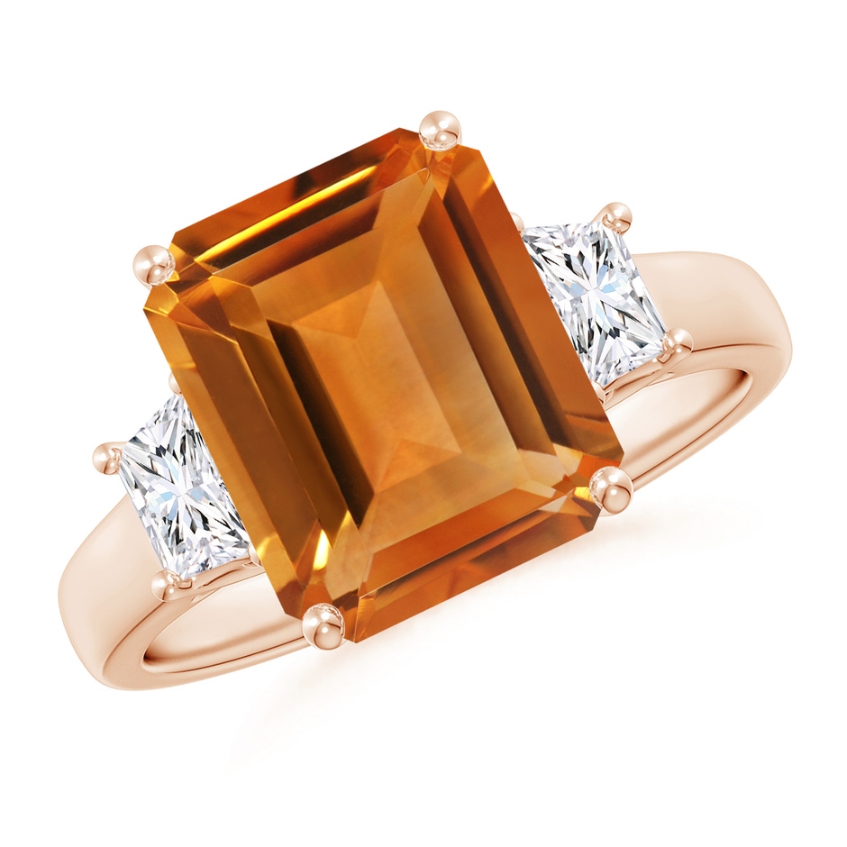 11x9mm AAA Three Stone Emerald-Cut Citrine and Diamond Ring in Rose Gold 